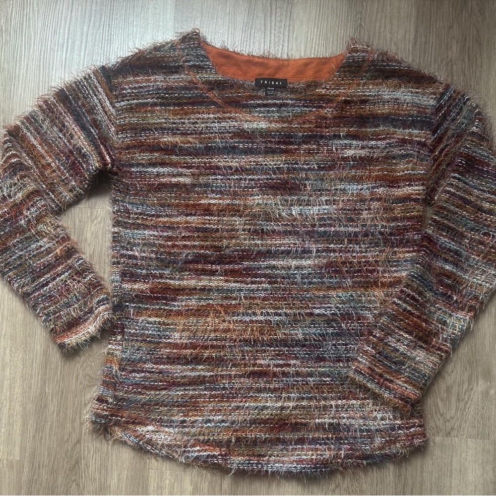 Tribal Brown Crew Neck Sweater with Autumnal Stripes